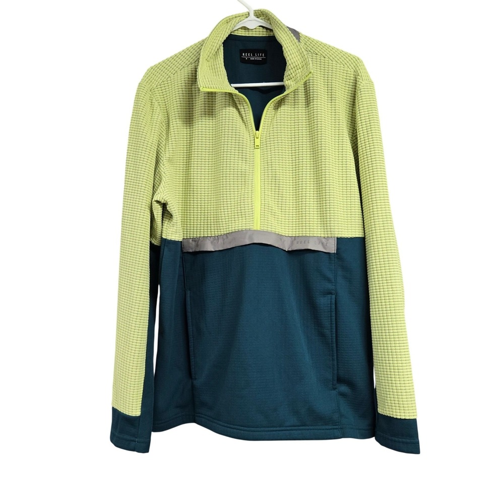Reel Life Waffle Knit Quarter Zip Pullover Fishing Lime Green Teal Men's Size M